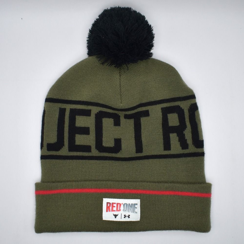 Under Armour Project Rock Red One Pom Beanie Hat Olive Green NEW 6003768-390
